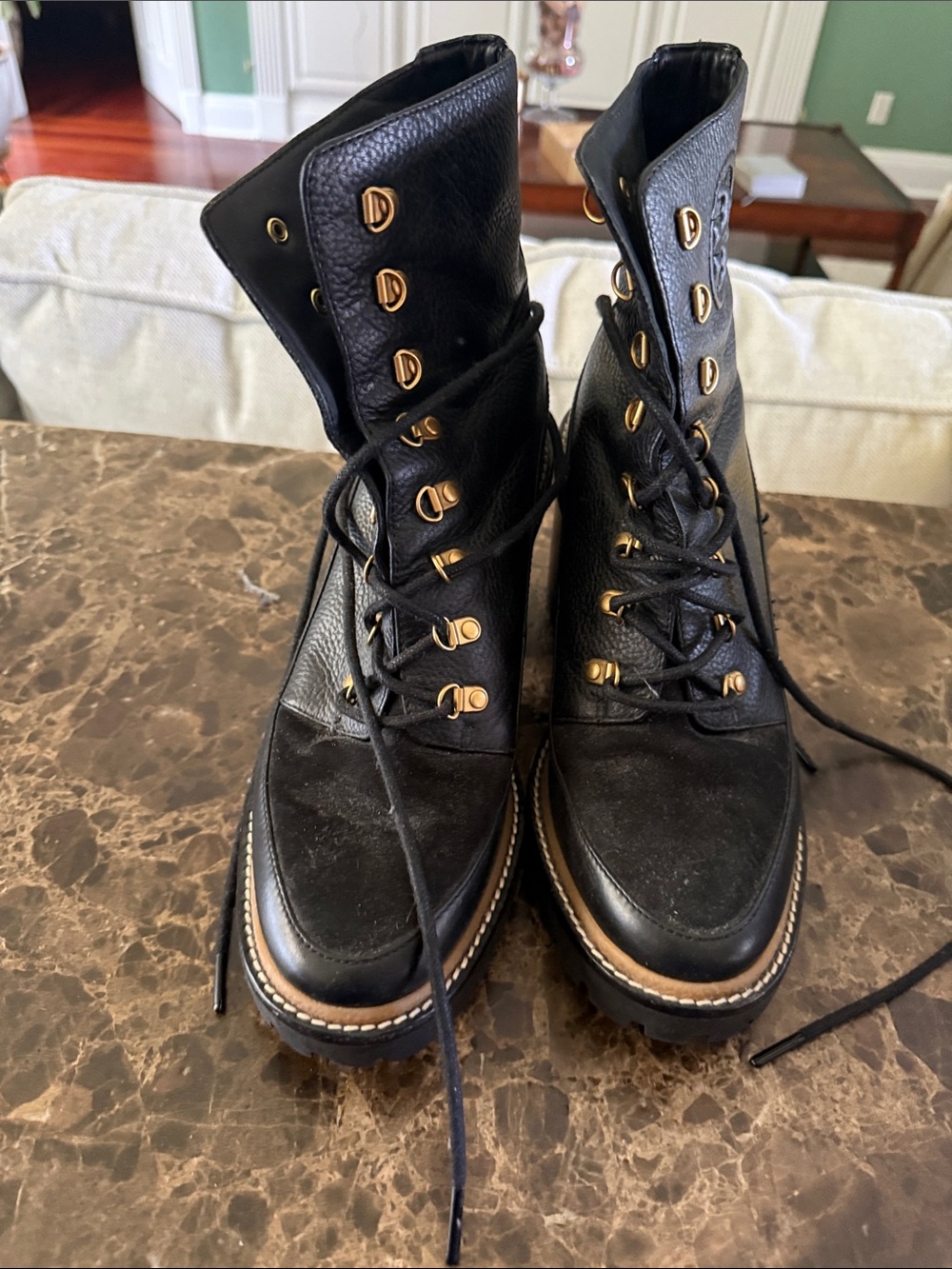 Tory Burch Black Leather Combat Boots with Gold Hardware
